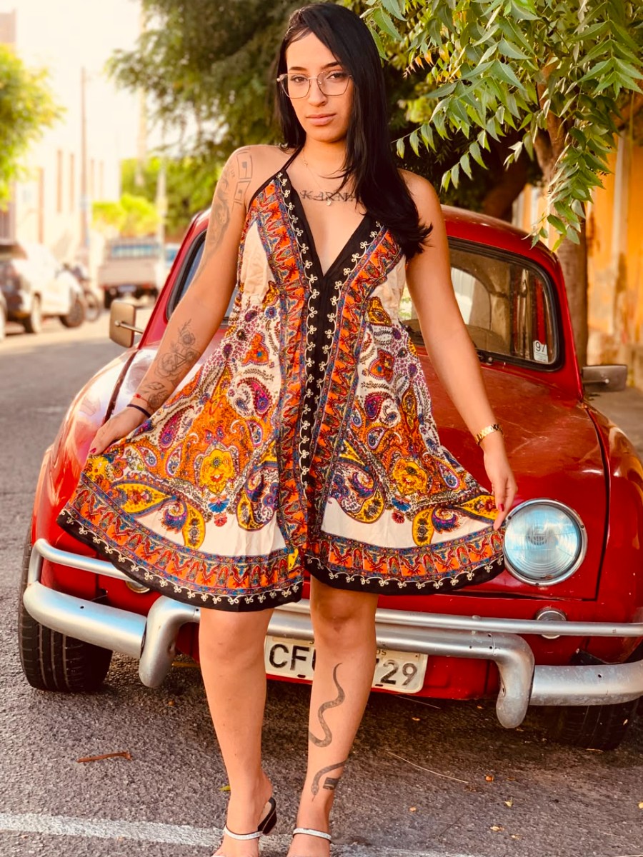 Vestido Indiano Curto — Laranja & Creme